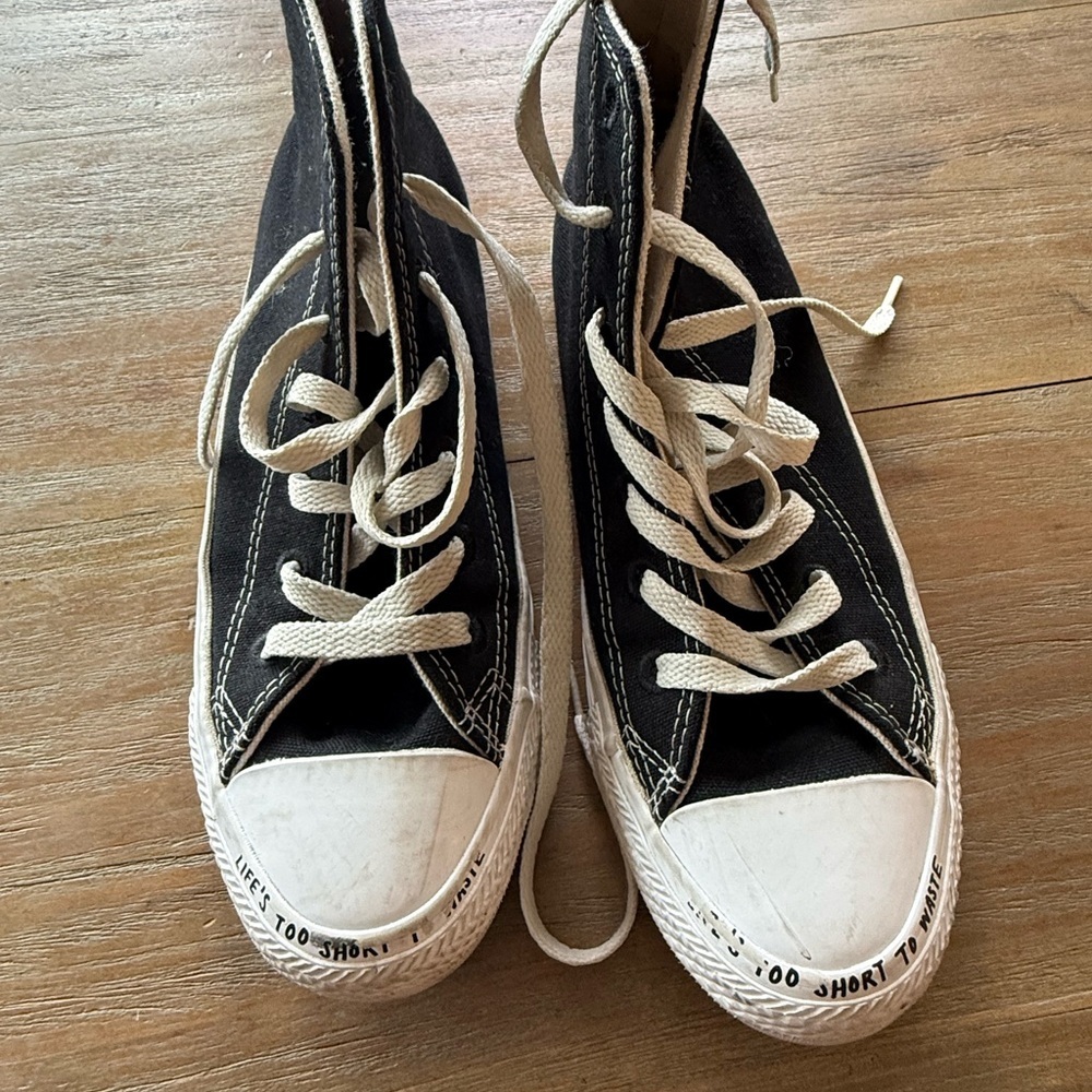 Converse Black and White High-Top Sneakers LIFE'S TOO SHORT TO WASTE rare!